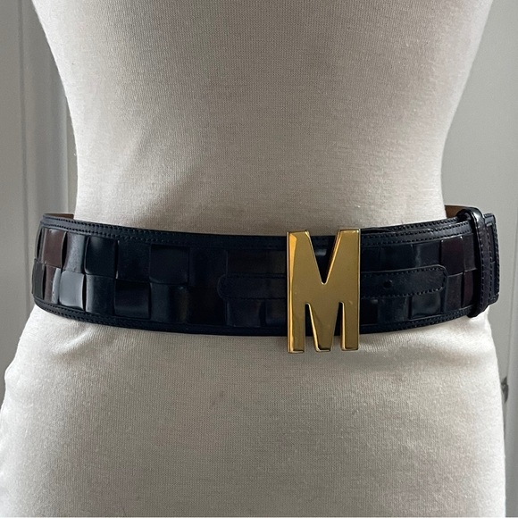 Moschino navy blue and Gold Belt with Woven Detail